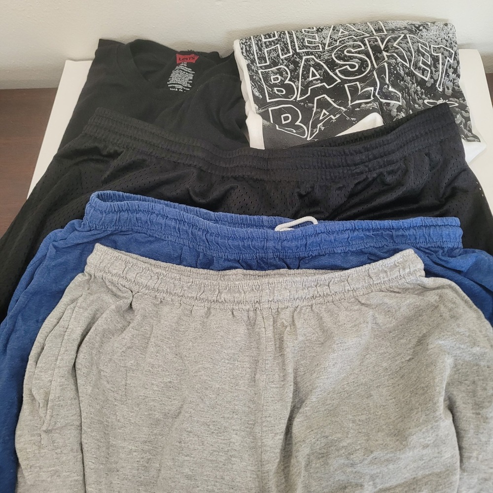 Mens 5pc Athletic Bundle Levi's XL Starter L Miami Heat Basketball Shorts Shirts